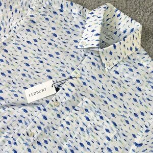 Ledbury Linen Shirt Men M White Fish Pattern Luxury Old Money Tailored Button Up